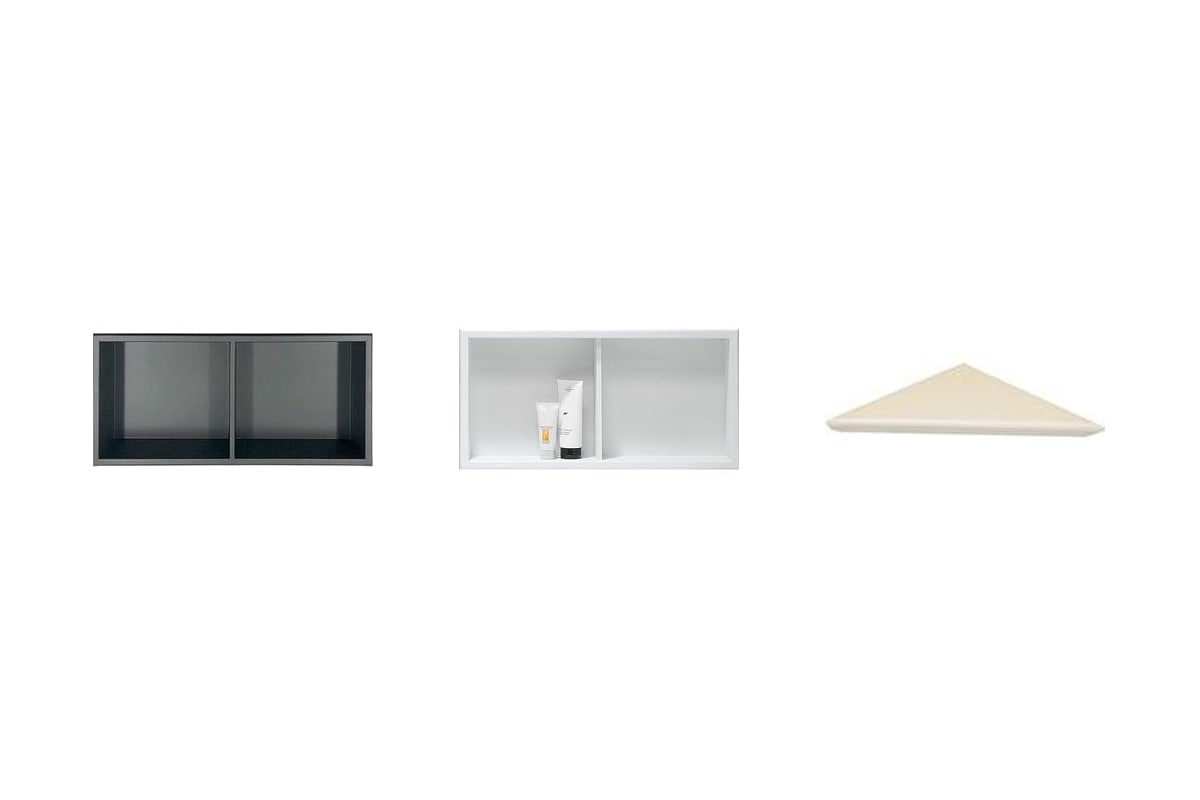 Recessed shower niches in black and white, and a matching corner shelf