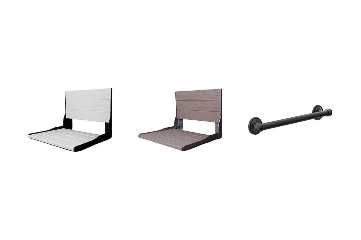 Fold-down shower seats in white and Harborwood, and a matte black grab bar