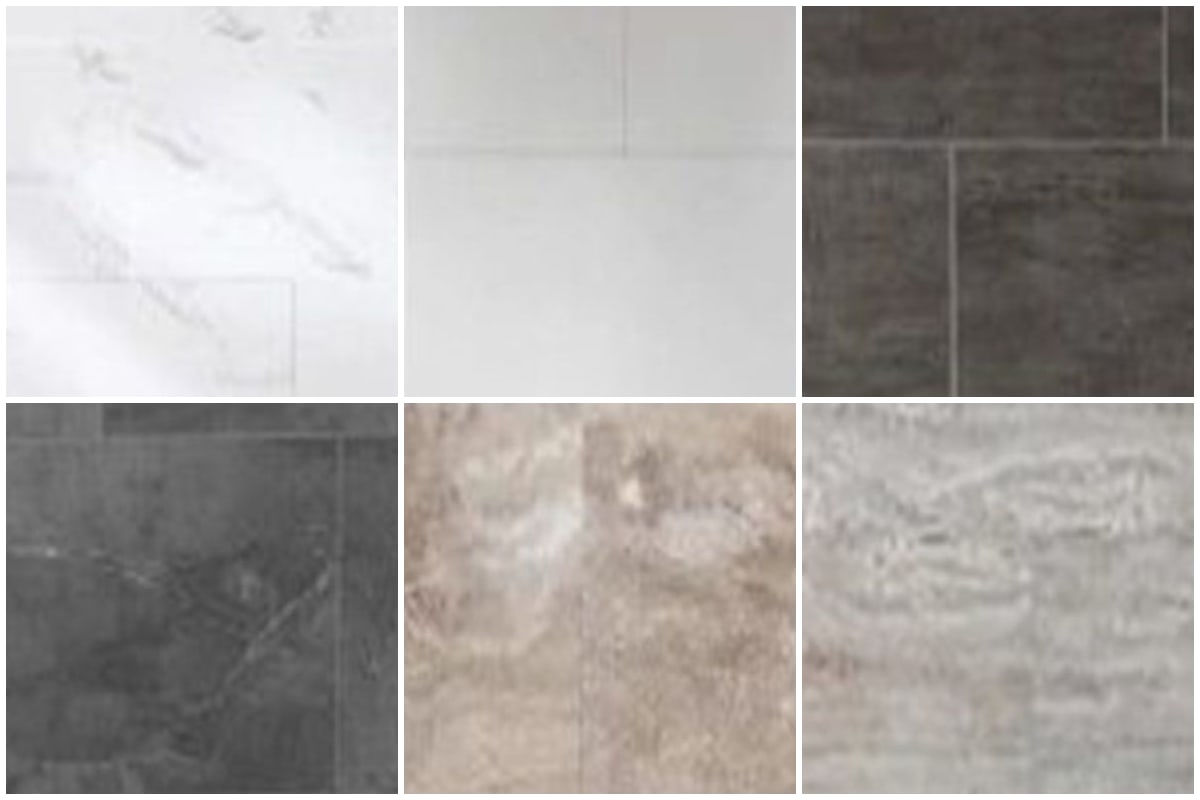 The six large-format tile finishes: Roman Marble, Classic Pearl, Midnight Slate, Smoke Stone, Red Rock and Moroccan Sand