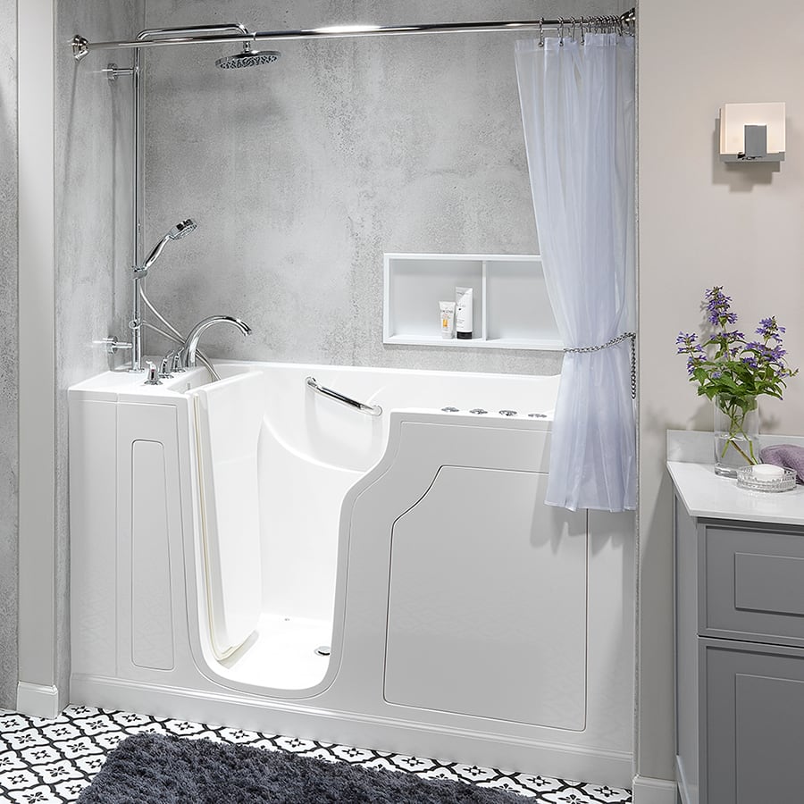Bath Concepts Alexis walk-in tub with the optional rain and handheld shower kit and curtain, installed in a finished gray-and-white bathroom